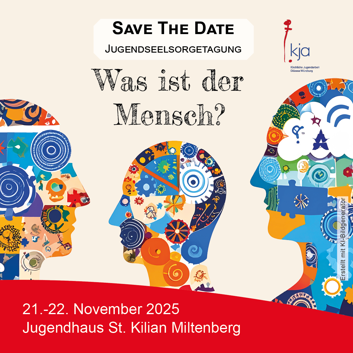 Bild mit drei stilisierten Köpfen und Infotext zum Save the Date der JuSeTa