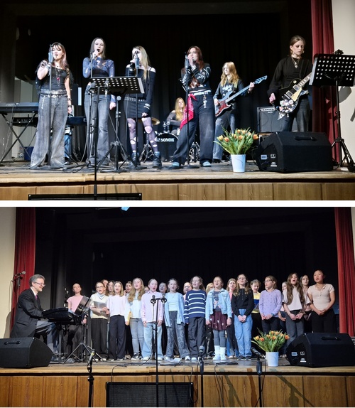 Das Bild zeigt zwei Auftritte auf einer Bühne. Oben sehen wir eine Band mit Sängerinnen und Musikern, die rockige Musik spielen. Unten singt ein Chor aus Kindern, begleitet von einem Mann am Klavier.